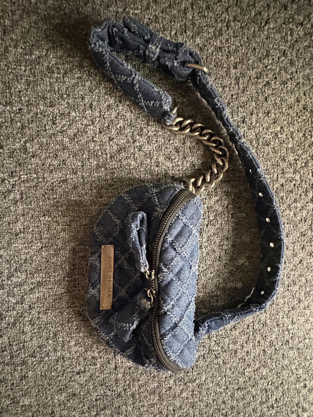 Kurt Geiger Small Brixton Navy Quilted Denim Chain Belt Bag - Picture 3 of 8